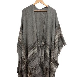 Cherie Bliss Grey Striped Knit Fringe Poncho